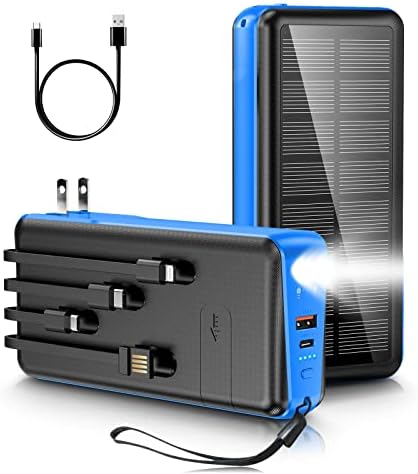 Ultra-Reliable 50,000 m Ah Solar Power Bank with Built-in Cable and Wall Plug | 30 W Fast Charging External Battery Pack with 5 Outputs, Dual LED Flashlights, and Integrated Phone Holder for On-the-Go Convenience (Blue) – Perfect for Travel and Outdoor Adventures