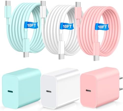 20 W Dual USB-C Fast Charger Block for i Phone 15/16 Series – Includes Two 10 FT USB-C Charging Cables, Perfect for Pro Max, Plus, Pro, i Pad Pro/Air – Compact, High-Speed Charging Solution (2 Pack, Black)