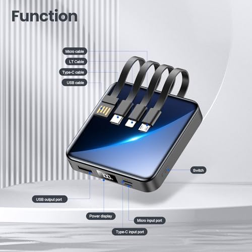 Ultra-Compact 12000 m Ah Fast Charging Power Bank with Built-in Cables – All-in-One Portable Charger for i Phone, Tablets & Samsung Devices, Featuring USB C Input/Output and LED Battery Display for Maximum Efficiency and On-the-Go Convenience
