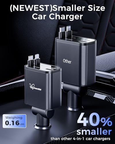 Ultimate Retractable Car Charger PT-27: 4-in-1 Fast Charging Adapter with Dual USB Ports & 31.5-Inch Cables for i Phone & Samsung – Compact, Tangle-Free Power Solution for On-the-Go Connectivity