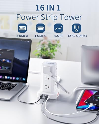 Revolutionize Your Workspace with the Ultra-Thin Surge Protector Power Strip Tower – 10 FT Flat Plug Extension Cord and 1 USB-C Port for Fast Charging, 1020 Joules of Device Protection, Perfect Desk Charging Station for Office and Dorm Room Essentials