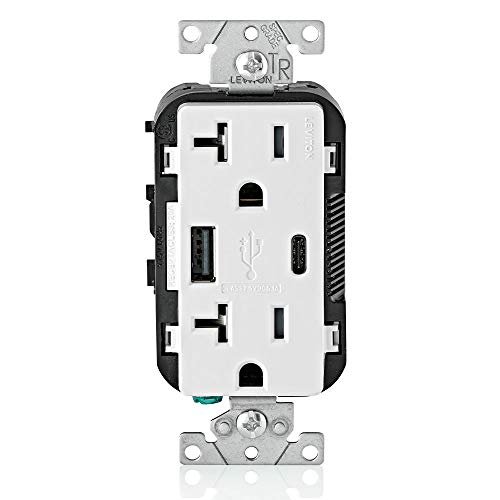 Leviton Dual USB In-Wall Charger with 20 A Tamper-Resistant Outlet – Type A & Type-C Compatibility for Smartphones and Tablets, Light Almond Finish – Streamlined Charging Solution for Home and Office Spaces