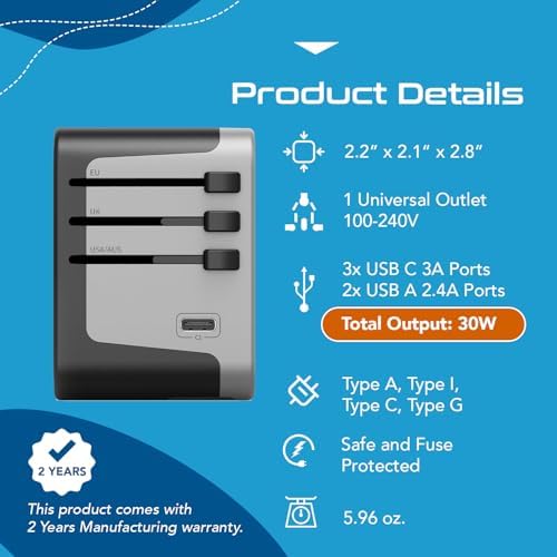Global Travel Power Adapter – Ceptics 6-in-1 Charger with Dual USB-A & Triple USB-C Ports for Lightning-Fast Charging – Universal Compatibility for USA, EU, UK & AUS Electronics – Ideal for Smartphones, Laptops & Cameras – UP-30 KU-BL for Efficient Multi-Device Charging Solutions
