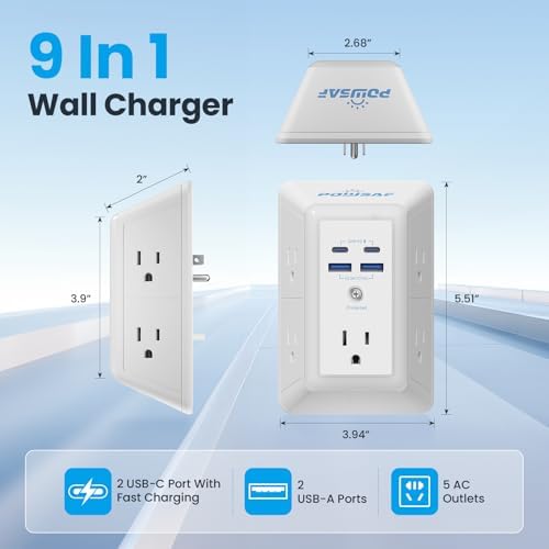 POWSAF 5-Outlet Surge Protector Power Strip with 4 USB Ports Including 2 USB-C PD 20 W for Fast Charging and Integrated Night Light – ETL Certified Multi Plug Outlet Extender with 3-Sided Design for Enhanced Accessibility and Safety in White Finish