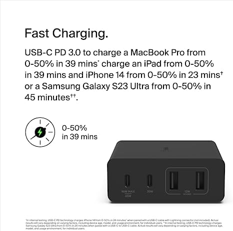 Belkin 4-Port 108 W Ga N Fast Charger Block – Ultimate Multi-Device Power Hub with USB-C PD & USB-A Ports for i Phone 16, Samsung Galaxy S25, Mac Book, Google Pixel, Nintendo Switch 2 – Compact, Lightweight, and Travel-Ready Charging Solution with Advanced Safety Features for Home and On-the-Go Convenience