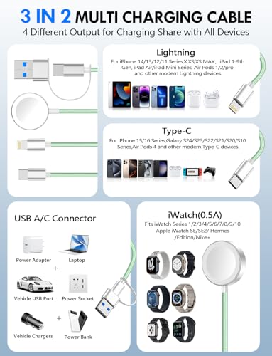 Ultimate 2-Pack Fast Charging Cable Set: Versatile USB A/Type C/Lightning Cables for Quick Charging of Apple Watch & i Phone, 4 FT Length for Seamless Travel Compatibility with i Phone 11-16, i Pad, Apple Watch Ultra & SE, Durable Multi-Device Solution for Enhanced Power Efficiency and Convenience