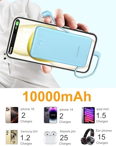 miisso Ultra Slim 10000 m Ah Portable Power Bank with Built-in Cables and Foldable Wall Plug – Compact USB-C Charger for i Phone, Samsung, i Pad & More – Perfect Travel Companion for On-the-Go Charging Efficiency