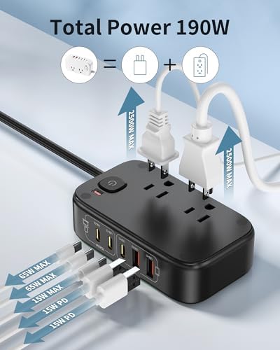 Effortless Power: 65 W USB Charging Station with Surge Protection – 5 FT Flat Extension Cord for Travel, Home, Office & School – Multi-Device Charging Hub for Fast, Safe Energy Delivery – Lightweight & Compact Design for Ultimate Portability