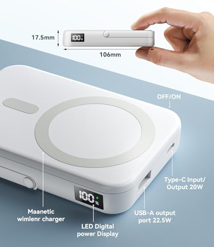 Ultra-Fast Mag Safe Battery Pack – 10,000 m Ah Magnetic Power Bank with Built-in Stand for i Phone 12-16 Series – Sleek White Design with 22.5 W USB-C Quick Charge Capability – Ideal Portable Charger for Professionals and Travelers