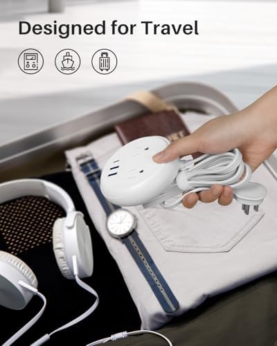 KOOSLA Compact Flat Plug Power Strip with USB C Ports – 2 AC Outlets & 3 Fast-Charging USB Ports for Ultimate Travel Convenience – 1250 W Capacity, 5 ft Cord – Ideal for Cruise Ships, Dorms, Homes, & Offices – Lightweight, Space-Saving Design for Multi-Device Charging
