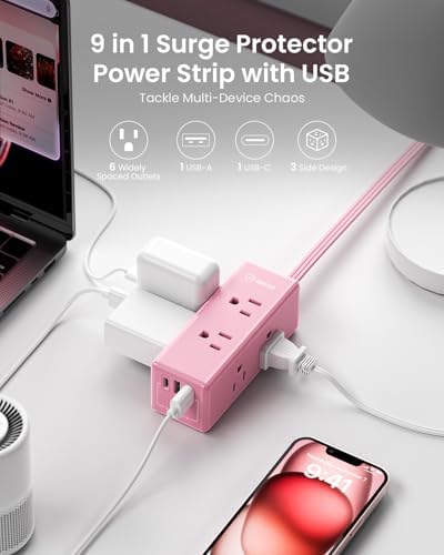 Chic Pink Surge Protector Power Strip by HONIZER – 1080 J Protection with 6 ft Extension Cord, 6 Outlets & 3 USB Ports (1 USB-C) – Stylish Desk Accessory for Home Office & Dorm – Wall-Mountable Design for Clutter-Free Charging – Fast & Reliable Power Solution