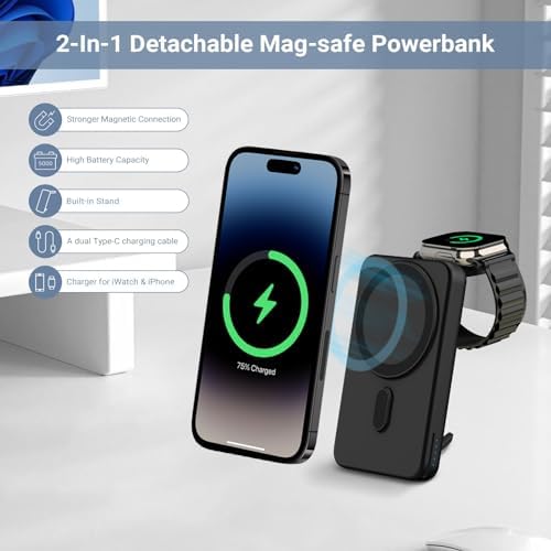 DDUAN 10000 m Ah Mag-Safe Wireless Power Bank – Dual Charging Solution for i Phone 15/14/13/12 & All Apple Watch Series with USB-C Cable – Sleek Portable Design for On-the-Go Convenience and Fast Charging Performance