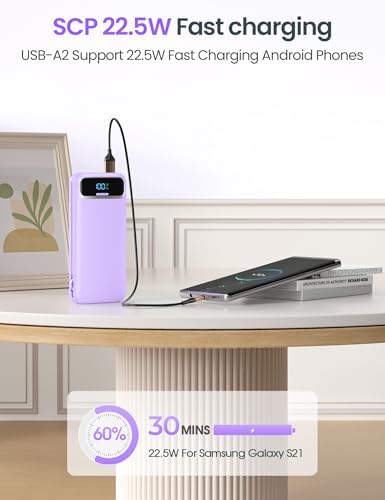 12000 m Ah Ultra-Light Portable Power Bank with Built-In Cables & AC Wall Plug – PD20 W USB-C Fast Charging for i Phone, Samsung & Android – LED Display for Battery Monitoring – Ultimate Travel Companion for Quick Device Recharging