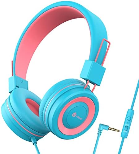 i Clever HS14 Kids Headphones – Stylish Black & Pink Volume-Limited On-Ear Headset with Built-In Microphone for Safe Listening and Enhanced Comfort, Foldable Travel Design for School and Home Use, Perfect for Tablets and Laptops