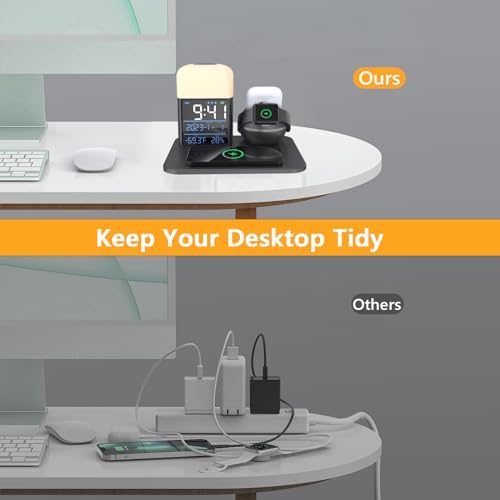 Ultimate 9-in-1 Wireless Charging Station with Integrated Alarm Clock and Night Light – Fast Qi-Certified Docking Solution for Apple Devices with 30 W Ga N Charger and USB Port – Stylish Blue Design for Clutter-Free Bedside Charging