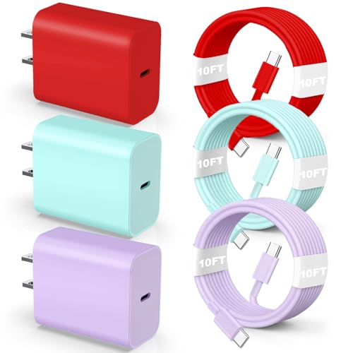 Premium 10 Ft USB C to USB C Fast Charging Cable – 3-Pack for i Phone 16, 15 Pro, i Pad Pro, Mac Book Air & Samsung Devices – 60 W Rapid Power Delivery, Durable & Tangle-Free, Stylish Red, Green & Purple Cables for Enhanced Versatility and Speed
