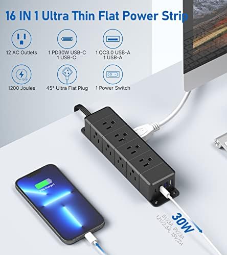 Maximize Workspace Efficiency with the 45 W USB-C Fast Charging Power Strip – 12 Outlets, 4 USB Ports, 1200 J Surge Protection, and 6 FT Flat Extension Cord for Seamless Under Desk Mounting and Enhanced Device Compatibility
