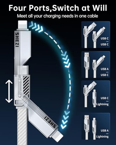 SHEZI 4-in-1 Fast Charging USB C Cable – 60 W Power Delivery with Lightning, USB C, and USB A Ports – 5 FT Durable Flat Nylon Braided Cord – Stylish Pink Design for i Phone, i Pad, and More – High-Speed 480 Mbps Data Transfer Solution for All Your Devices