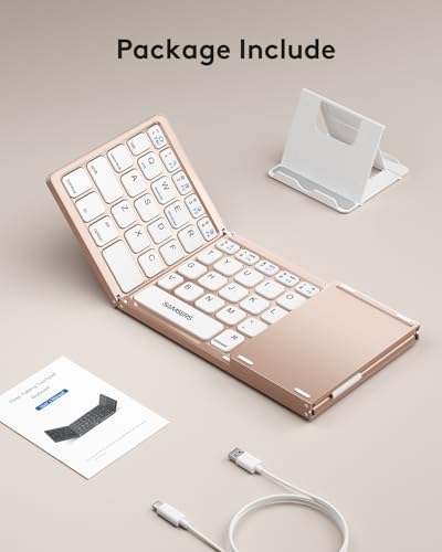Samsers Portable Bluetooth Keyboard with Touchpad – Ultra-Slim Foldable Wireless Keyboard for Effortless Typing on Android, Windows, and i OS Devices – Rechargeable, Travel-Friendly Design with Device Holder – Black