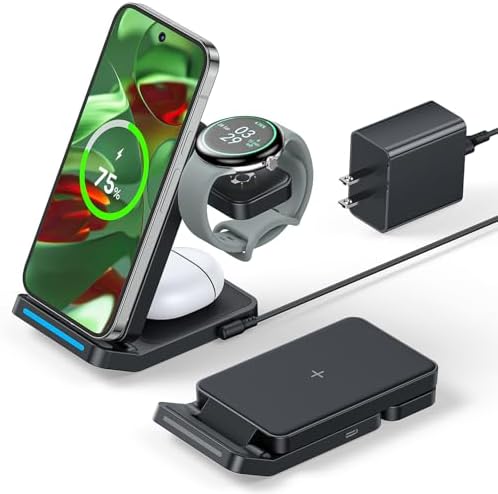 Foldable 3-in-1 Wireless Charging Station for Google Pixel Watch 1 st – 15 W Fast Charger for Pixel 9 Pro/XL, 8/7/6 Series, and Pixel Buds Pro/2 – Compact Travel Design with QC 18 W Adapter – Perfect for Home and Office Use
