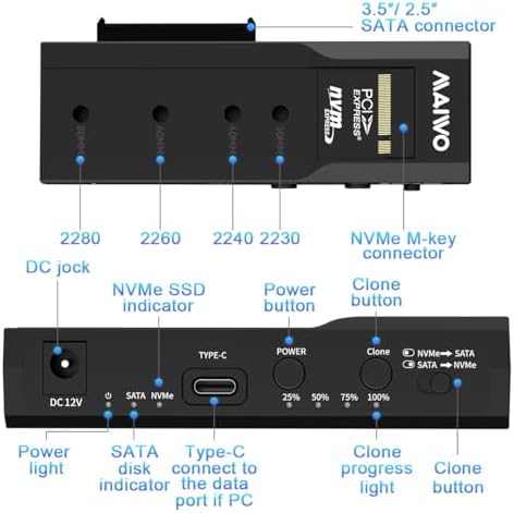 MAIWO M.2 NVMe to 2.5” & 3.5” Standalone Clone Enclosure – High-Speed USB-C Duplicator for Effortless SSD & HDD Cloning Without a PC – Portable Data Backup Solution with 10 Gbps Transfer Speeds and Enhanced Compatibility