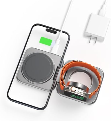 Compact 2-in-1 Foldable Wireless Charger Stand for Apple Devices – KUXIU Aluminum Magnetic Charging Station with 5 W Fast Charging for i Phone 15/14/13/12 Pro/Max, Apple Watch 9/8/7/Ultra2, and Air Pods Pro – Ultimate Portability and Enhanced Compatibility for Travelers