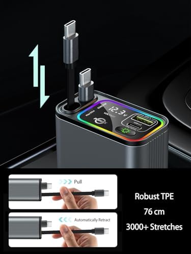 Ultimate 145 W Retractable USB C Car Charger – Fast Charging Solution with Dual Cables & Extra USB Ports for Seamless Compatibility with i Phone 16/15, Samsung S25/24/23/22, Pixel 9/8/7 – Stylish, Compact Design for On-the-Go Power Management