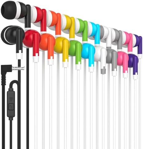 Maeline 10-Pack Ergonomic In-Ear Stereo Earbuds – Tangle-Free, Multi-Color Headphones for Classroom, Travel, and Gym | Hands-Free In-Line Microphone | Lightweight, Durable Design Compatible with 3.5 mm Devices | Perfect for Extended Listening and Seamless Audio Experience