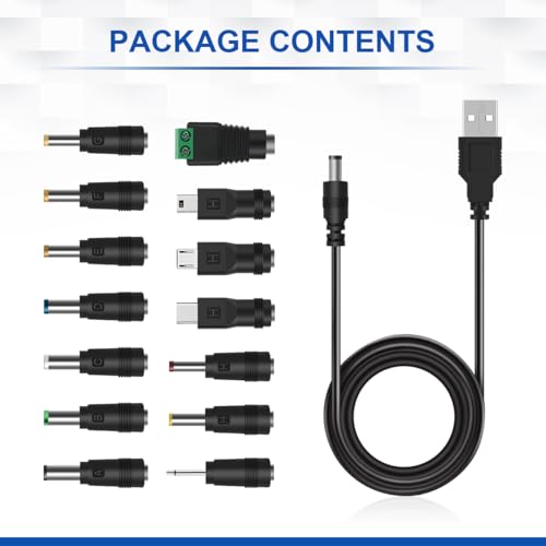 LANMU USB to DC Power Cable, DC 5V Power Cord 5.5 2.1mm Jack Charging Cable with 14 Interchangeable Plugs Addapters for 5V Devices – Enhanced Compatibility and Speed