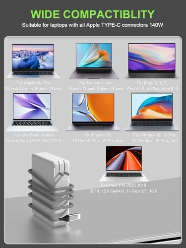 Turbocharge Your Mac Book and i Pad Pro with the 140 W USB-C Fast Charging Adapter – Universal Compatibility for All Mac Book Pro (16, 14, 15, 13″) and Air (15, 13″) Models (2020-2025) Featuring M1, M2, M3, M4 Chips – Includes Robust USB-C Cable for Instant Power and Enhanced Portability – Maximize Efficiency with Lightning-Fast Power Delivery and Sleek, Travel-Friendly Design