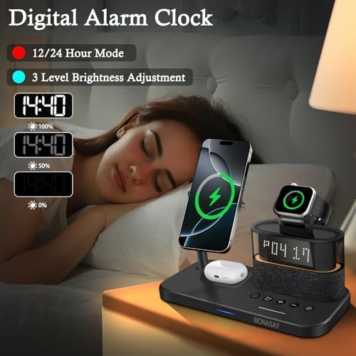 MONASAY Qi2 5-in-1 Wireless Charging Hub with Alarm Clock – 23 W Fast Charger for i Phone 16/15/14/13/12, Air Pods, and Apple Watch – Magnetic Stand for Optimal Device Alignment – Sleek Black Design for Home and Office Use – Ultimate Convenience and Speed in One Charging Solution
