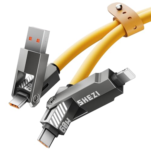 SHEZI Premium 4-in-1 5 FT USB-C Lightning Cable – Versatile Multi-Device Charging Solution with Fast Charging Capability, Durable Nylon Braided Design, and Enhanced Compatibility for i Phone, i Pad, and USB-C Devices – Stylish Grey Finish for Modern Tech Users