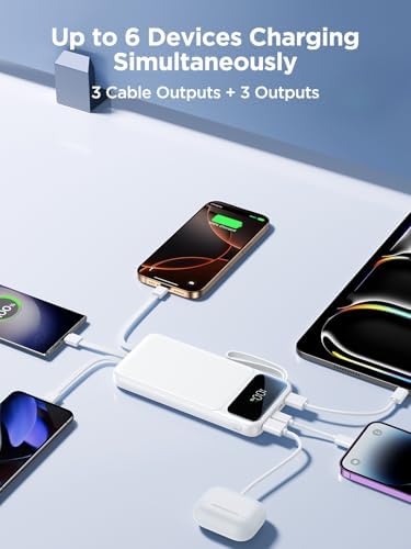 Ultra-Slim 10000 m Ah Power Bank with Built-In Cable – 22.5 W Fast Charging Portable Charger for i Phone, Samsung, Pixel & More – 6 Outputs, 3 Inputs, LED Battery Indicator – Essential Travel Companion for Busy Lifestyles