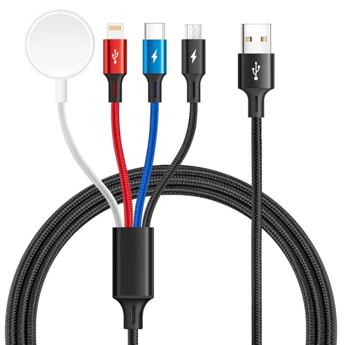 Premium 4-in-1 6 Ft High-Speed Charging Cable – Fast 3.5 A Braided Cord for Lightning, Type C, & Micro USB Devices – Ideal for Apple Watch, i Phone 15/14, Galaxy Smartphones – Exceptional Durability & Universal Device Compatibility for Seamless Power Management Anywhere