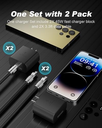 Dual Pack 45 W USB-C Charger Block with 3.3 FT Fast Charging Cables – Ultimate Universal Compatibility for i Phone 15/16 and Samsung Galaxy S24/S23/S22 Ultra/Note 20 – Rapid Power Delivery and Enhanced Portability for Home, Office, and Travel – Durable Charging Solution for All Devices
