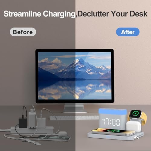 Revolutionize Your Charging Experience with the ANJANK 5-in-1 Wireless Charging Station: Multifunctional Dock for i Phone 16/15/14/13/12 Pro Max, Apple Watch & Air Pods with Adjustable Night Light and Built-In Alarm Clock for Seamless Device Management and Enhanced Ambiance