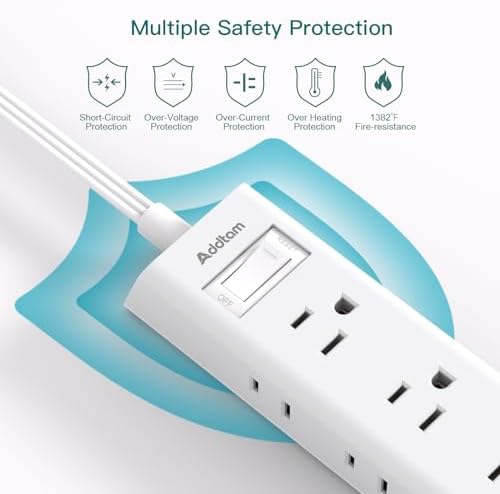 Ultra-Thin Flat Plug Power Strip with 12 AC Outlets – Addtam 5-Ft Surge Protector for Desk and Wall Mount – Multi-Device Charging Station for Home and Office – 1050 Joules Protection, Space-Saving Design for Tidy Workspaces and Enhanced Connectivity
