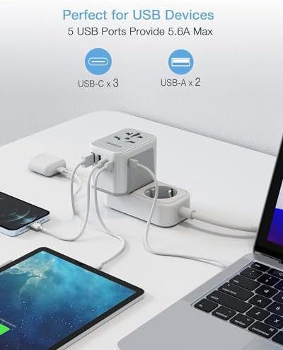 TESSAN 100 W Ga N Travel Adapter with 5 USB Ports – Universal Power Converter for Global Charging in 200+ Countries, Fast Charging Solution for Laptops, Smartphones & Tablets – Compact & Lightweight Design for Effortless Portability