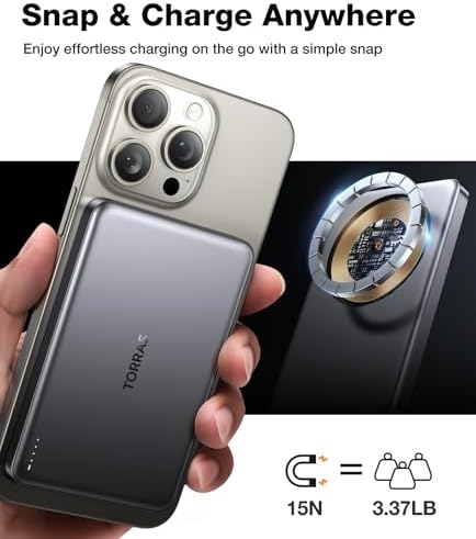 TORRAS Ultra-Slim Magnetic Wireless Power Bank – 10,000 m Ah Fast Charging Portable Charger for i Phone 16/15/14/13/12 in Glacier Gray – Lightweight Design with 22.5 W Quick Charge & USB-C Cable for Ultimate Convenience and Compatibility