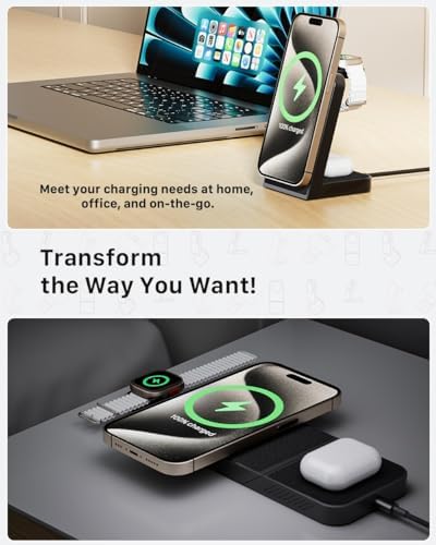 Revolutionize Your Charging Experience with the 3-in-1 Magnetic Wireless Charging Station – Fast 15 W Power for i Phone 16/15/14/13/12, 5 W Speed for Apple Watch, and Air Pods Compatibility – Includes 30 W USB-C Charger for Ultimate Efficiency and Portability – Sleek Design for Modern Spaces