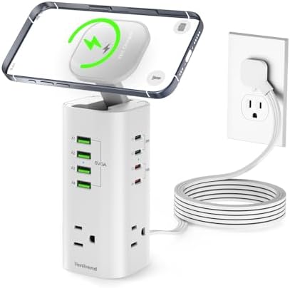 Ten Trend Surge Protector Tower: 160 W Fast Charging Hub with 3 AC Outlets & 8 USB Ports (4 USB-C) – 5 FT Flat Plug Extension for Home Office Efficiency and Device Safety