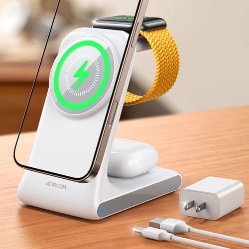 Revolutionize Your Charging Routine with JOYROOM 3-in-1 Wireless Charging Station – Fast 15 W Power Hub for i Phone 16, 15, 14, 13, Apple Watch, and Air Pods – Mag Safe Compatible with Sleek Design for Organized Tech Space and Enhanced Device Protection
