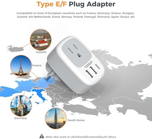 TESSAN Universal Type G UK Travel Adapter with 3 USB Ports & USB-C Charger – Effortless US to UK Plug Conversion for Global Travelers to England, Ireland, Qatar, Hong Kong, Dubai, and More – Compact Power Solution for Fast and Safe Device Charging