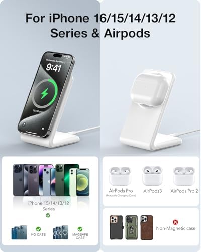 Meifigno Dual Pack Mag Safe-Compatible Fast Wireless Charger Stand with 20 W USB-C Block & 2 USB-C Cables – Premium Charging Solution for i Phone 16 Pro Max, 15, 14, 13, 12 & Air Pods 4/3/Pro – Sleek Design for Efficient Device Powering and Enhanced Compatibility