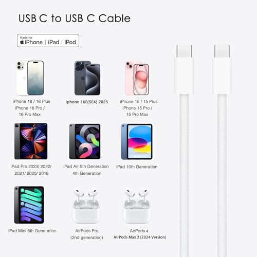 10FT iPhone 16E/15/16 Woven Cable for iPhone 16E(SE4), 15/16 Pro Max, 15/16 Plus Cable, USB C to USB C for AirPods 4, AirPods Pro (2nd Gen), TV Siri Remote, 4K Remote 3rd Gen, TV 4th Gen Charger Cable – Enhanced Compatibility and Speed
