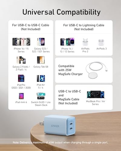 Anker 47 W USB C Nano Charger – Ultra-Compact Foldable Ga N Wall Adapter for Fast Charging i Phone 16/15, Galaxy & Pixel Devices – Dual Port Power Delivery with Enhanced Compatibility & Travel-Friendly Design (White)