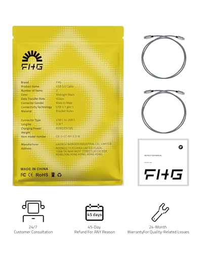 FHG 6 FT USB C to USB C Cable – Ultra-Fast 60 W/3 A Charging & 5 Gbps Data Transfer – Durable Nylon Braided Design, Perfect for i Phone 15 & Android Auto – 2-Pack for Home & Office Efficiency, High Compatibility for All Devices