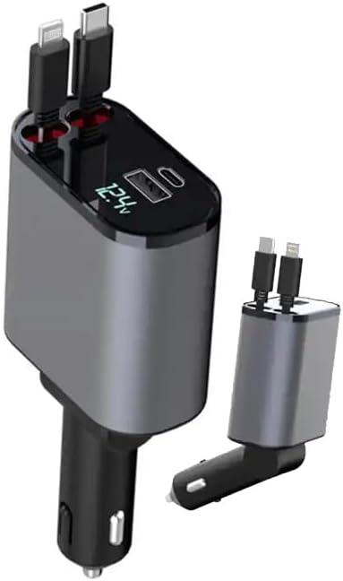 Ultimate Retractable Car Charger – 4-in-1 Fast Charging Solution for Apple & Android Devices – Compact USB-C Charger for On-the-Go Convenience, PT-16 – Essential Car Gadget for Organized Driving