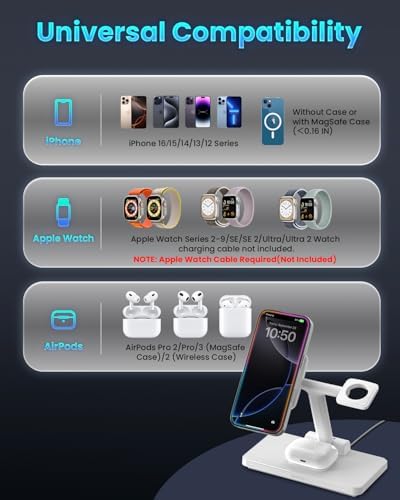 Joy Geek 3-in-1 Foldable Wireless Charging Station for Mag-Safe i Phone – Ultimate Travel Dock for i Phone 12-16 Pro Max, Apple Watch Series 4-10, and Air Pods Pro 2/3/4 – Fast, Compact, and Convenient Power Solution for On-the-Go Charging