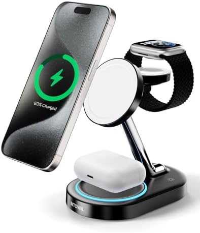 Revolutionize Your Charging Routine with the Intoval 3-in-1 Magnetic Charger Stand for Mag Safe Apple Devices – Fast Wireless Charging Dock for i Phone 15/14/13/12, Apple Watch & Air Pods in Sleek Black Finish – Ultimate Compatibility and Smart Power Management
